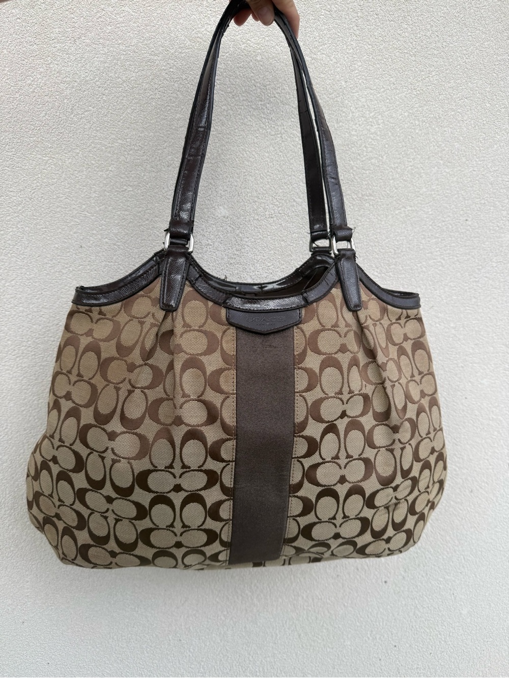 Coach Signature Canvas Shoulder Tote in Brown and Dark Brown